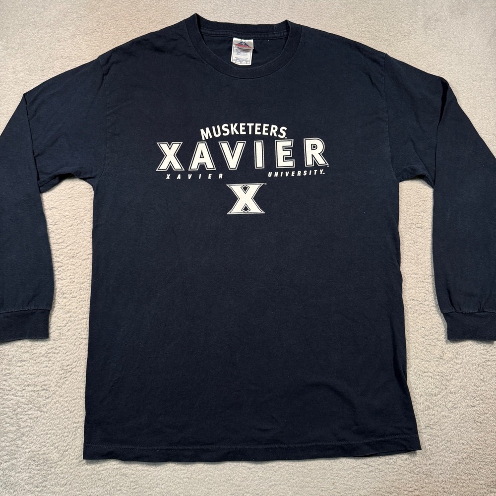 Vintage Y2K Alstyle Xavier University Shirt Mens L Navy Musketeers Long Sleeve